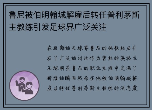 鲁尼被伯明翰城解雇后转任普利茅斯主教练引发足球界广泛关注