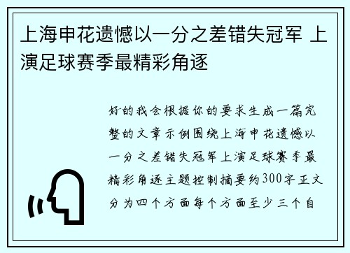 上海申花遗憾以一分之差错失冠军 上演足球赛季最精彩角逐